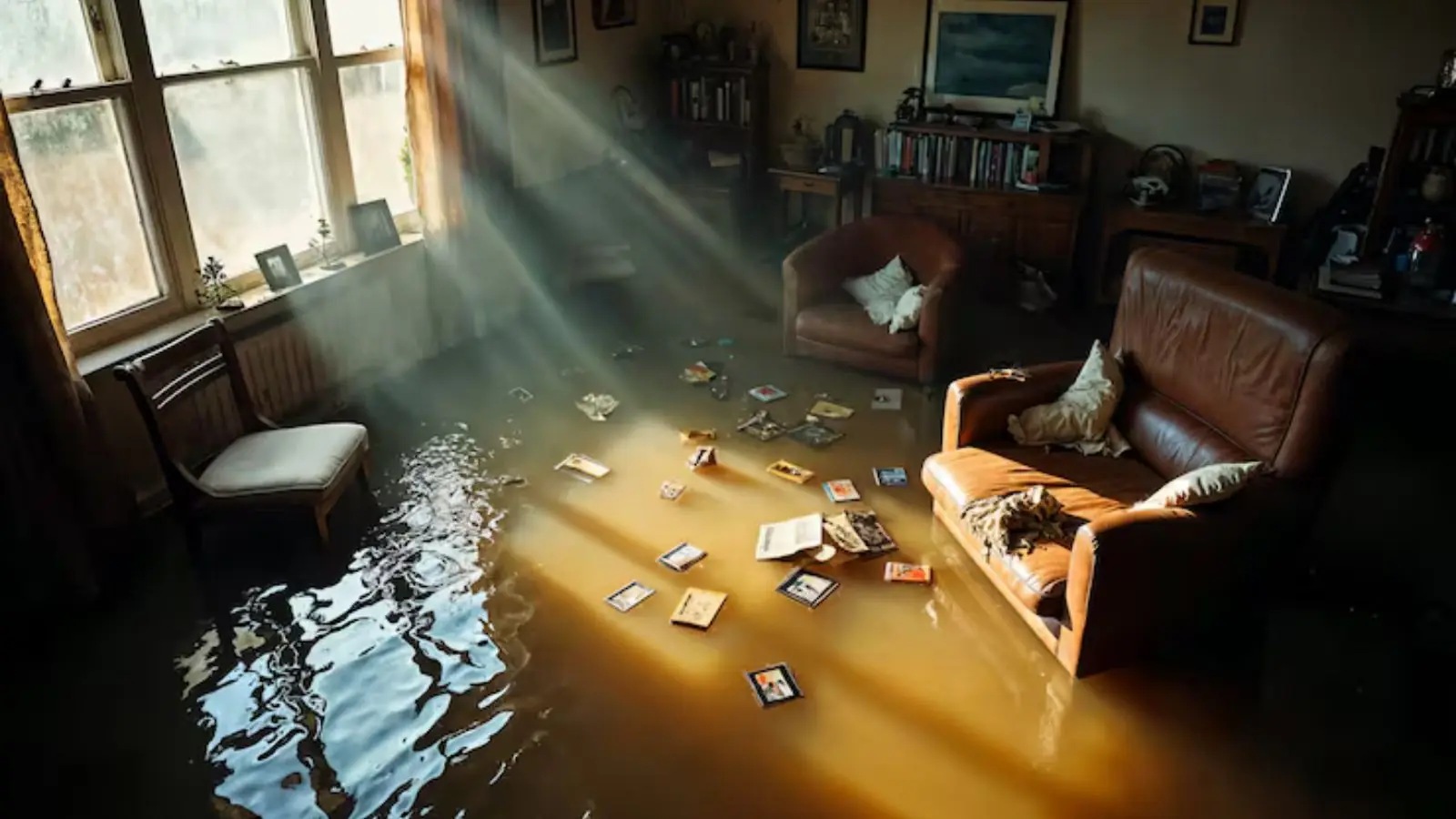 Flooded living room with belongings scattered in the water