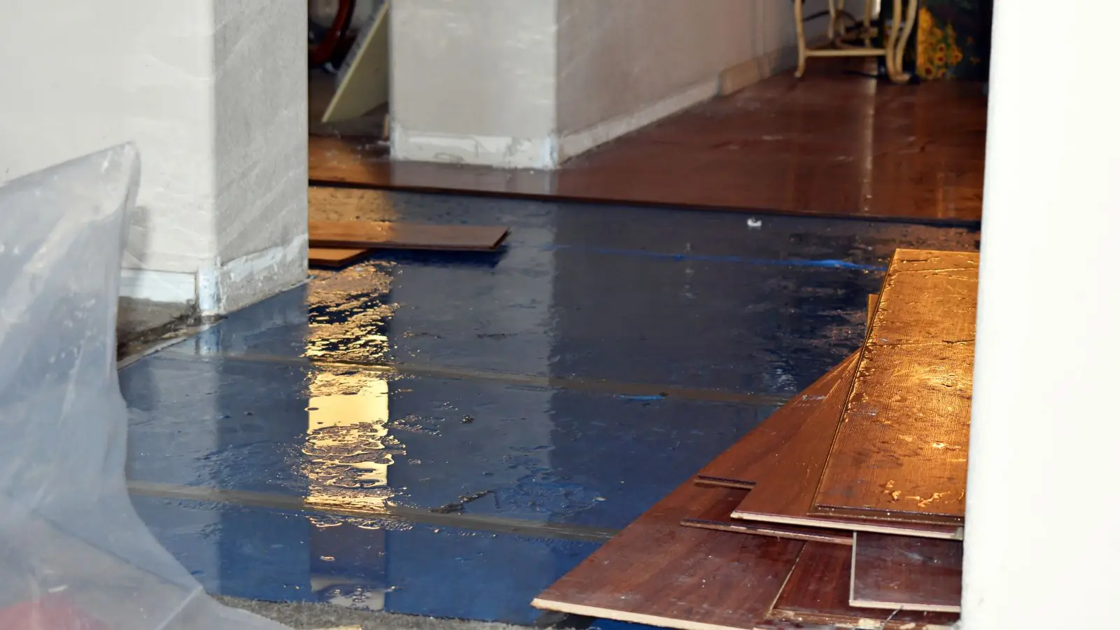 Wood floorboards lifted over a wet subfloor covered with plastic sheeting