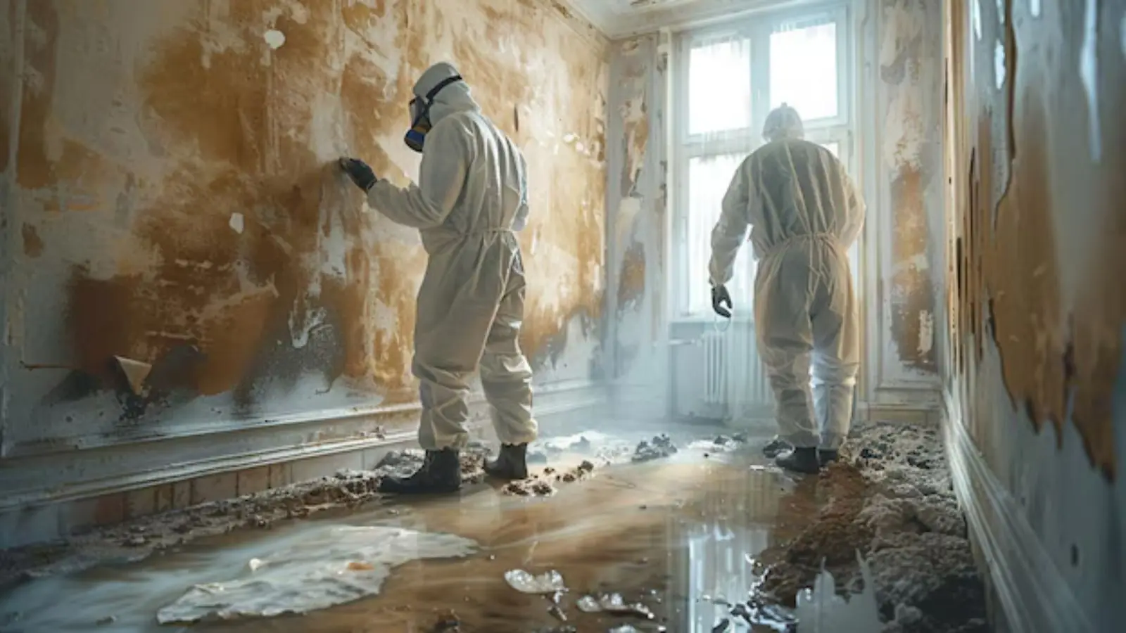 Two workers in protective suits inspecting a water-stained, mold-affected room