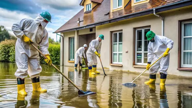 Crew in protective suits and rubber boots cleaning up a flooded house